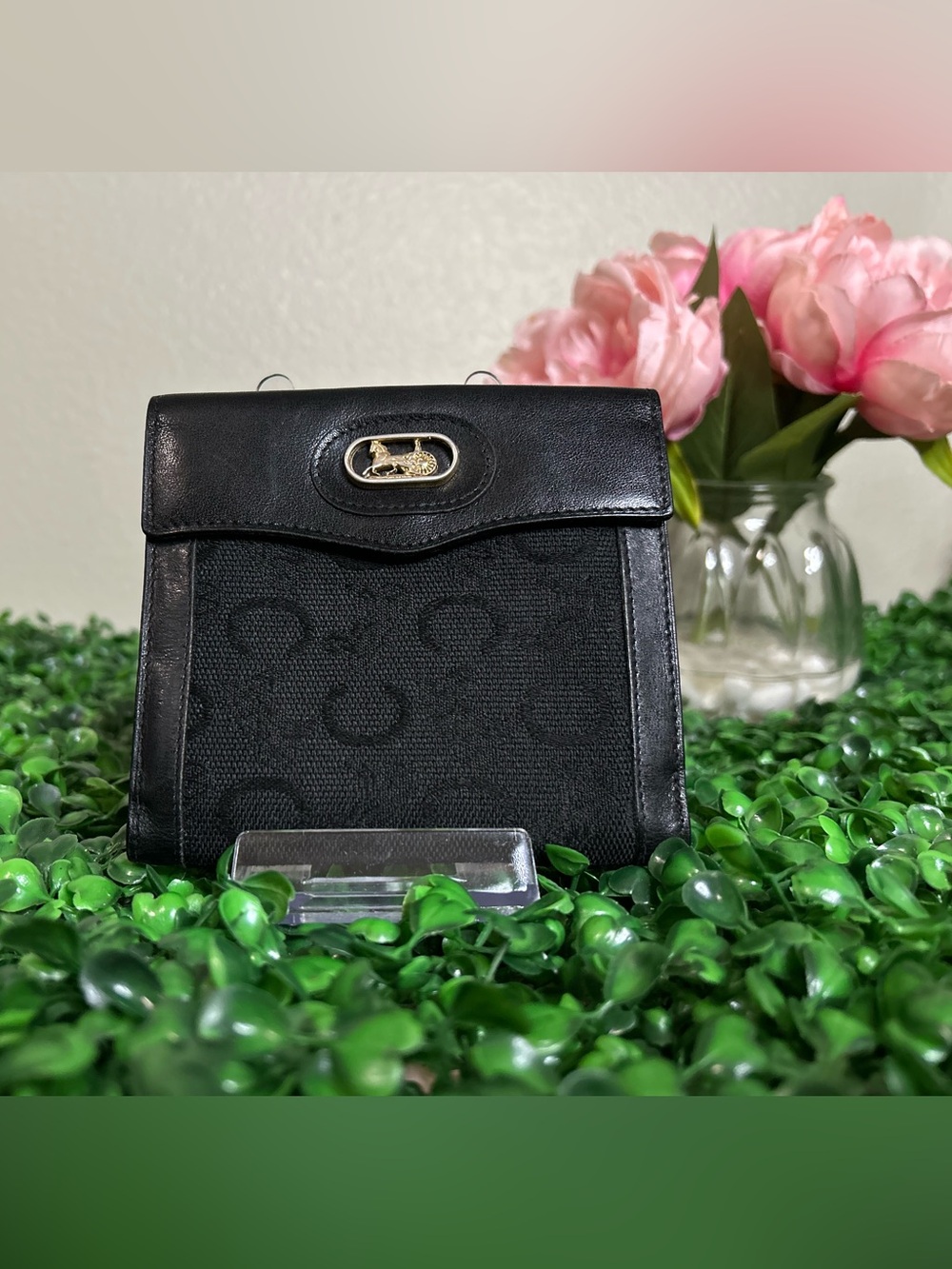 Vintage Celine Macadam Canvas Compact Wallet Black Leather Italy